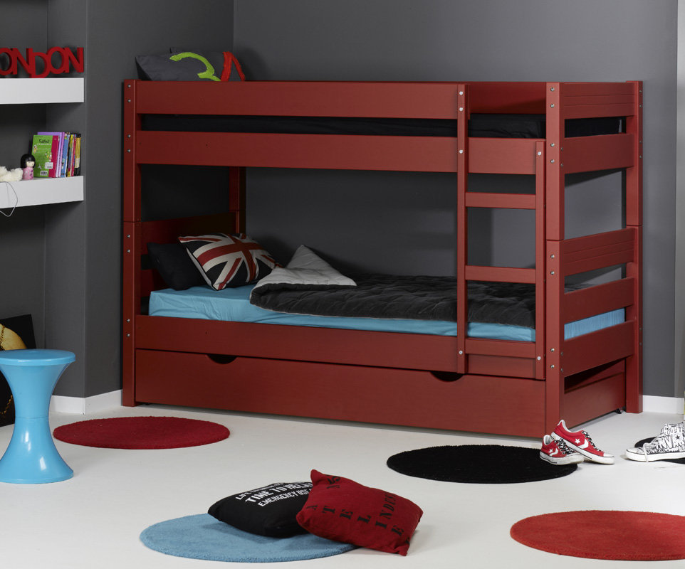 Litera juvenil con cama nido. en color rojo del modelo 1,2,3 Cama nido niños