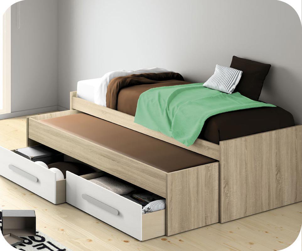 Cama nido juvenil 90x200 roble con cajones blancos Cama nido niños