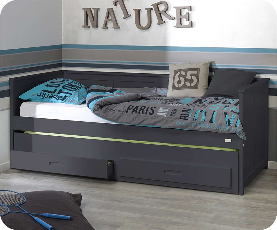 Cama nido juvenil gris 90x200 cm con colchones y cajón Cama nido niños