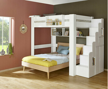 Cama alta con escalera de almacenamiento aade una cama doble o individual por debajo y aprovecha cada espacio en la habitacin 