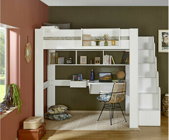Crea un espacio de trabajo bajo tu cama alta aade estanterias para completar los lugares de almacenamiento 