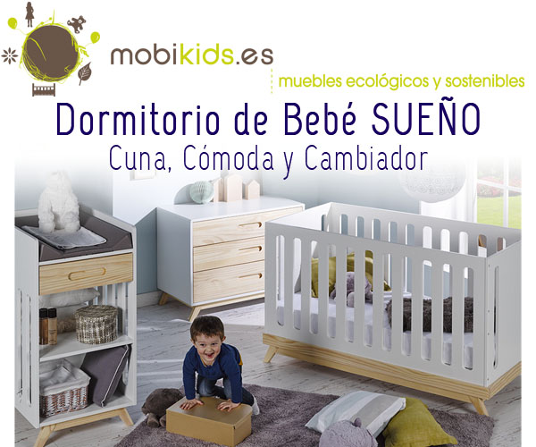 Dormitorio de bebe con Cuna, Cómoda y Mueble cambiador. Colección SUEÑO