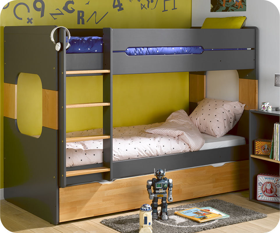 Litera juvenil 90x200 de madera maciza. Gris antracita y haya