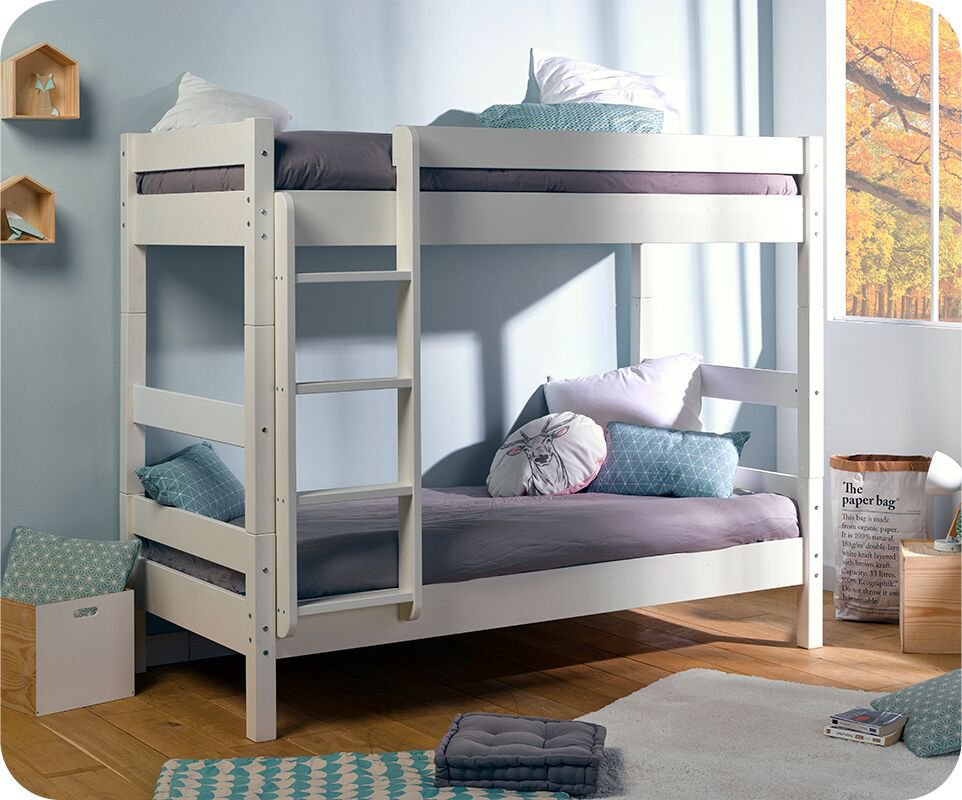 Litera juvenil WOOD, Blanca, madera maciza. 80x190cm.