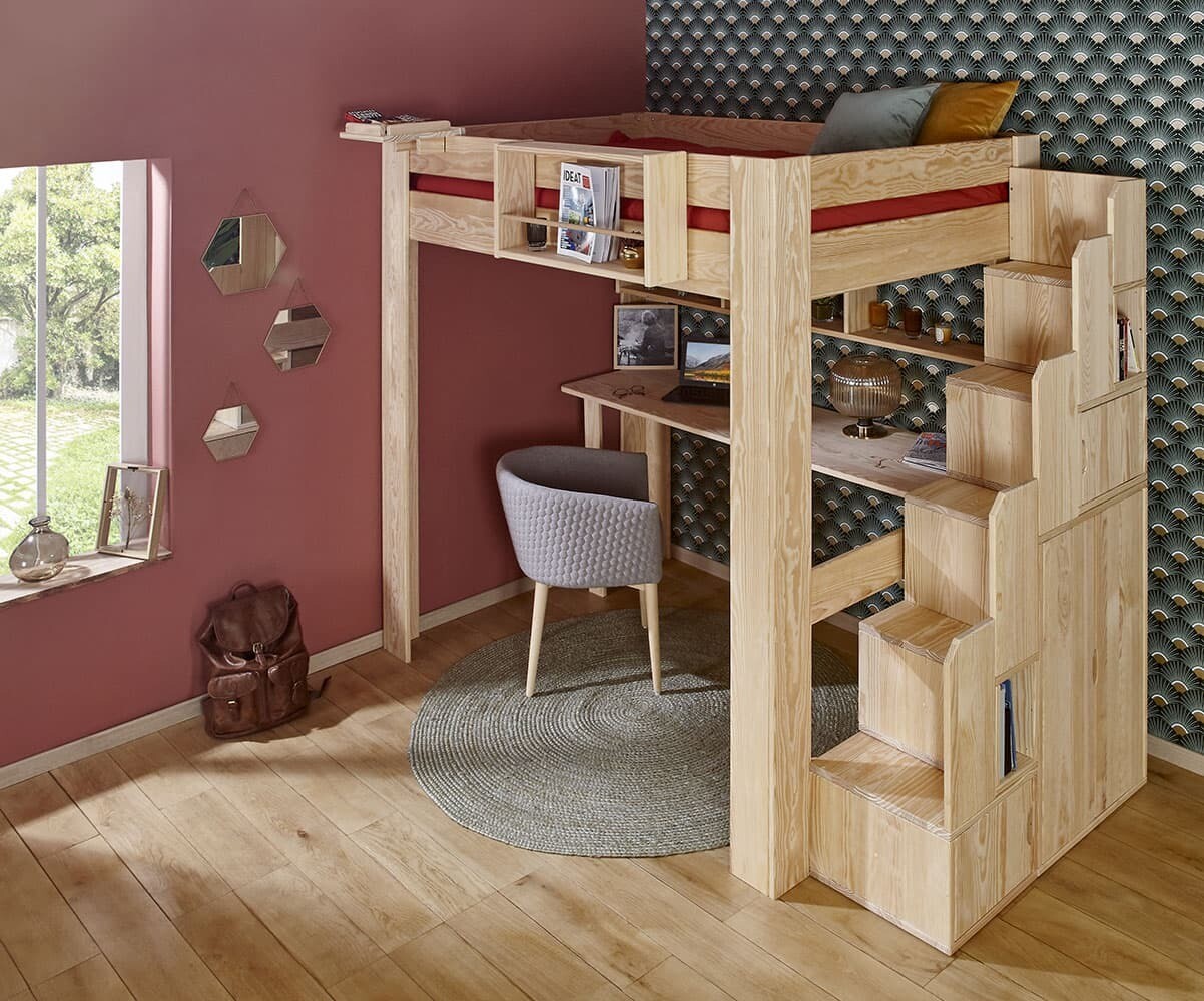 Cama alta infantil con escalera y escritorio 2 plazas - Naolo