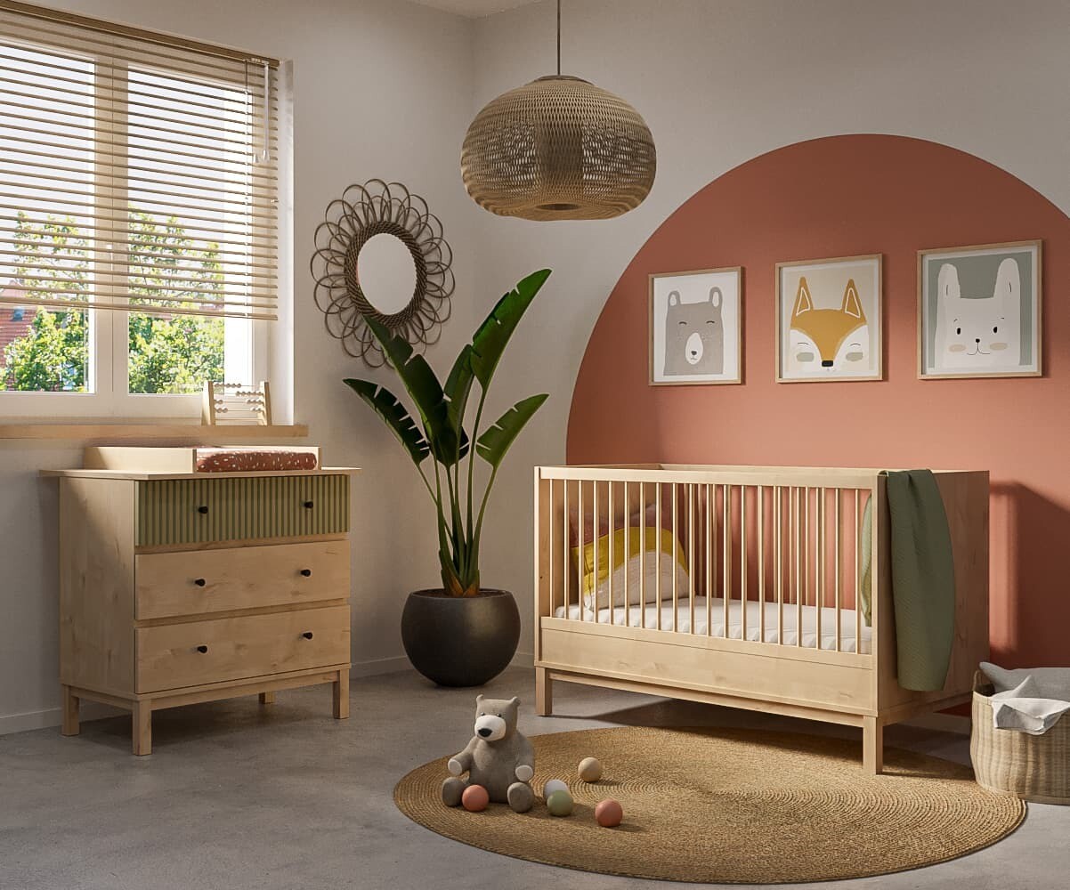 Mini dormitorio bebé Rafael, cuna convertible y cómoda con cambiador