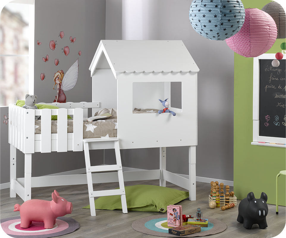 Comprar Cama Cabaña con escritorio-pizarra en color Blanco