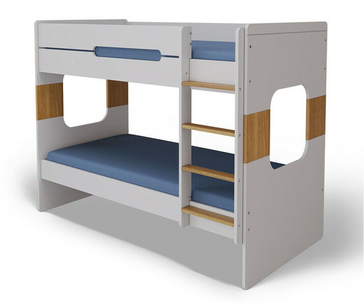 Litera Juvenil 90x200 cm. Color Gris y Haya Natural, con Cama nido supletoria Haya Natural, Modelo Spark