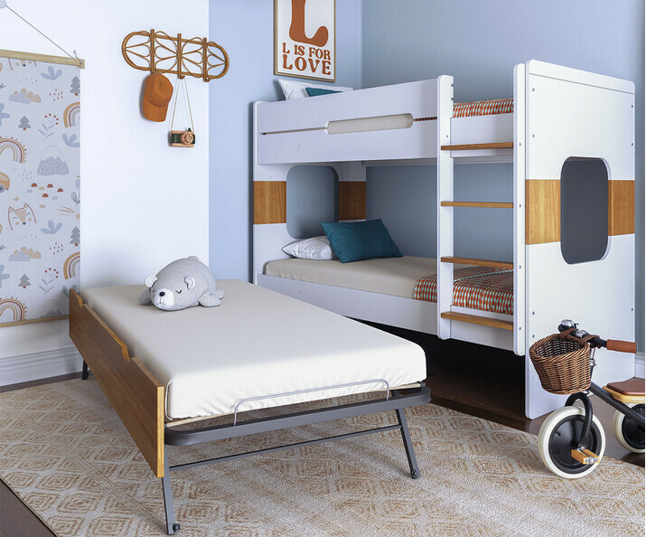 Litera Juvenil 90x200 cm. Color Gris y Haya Natural, con Cama nido supletoria Haya Natural, Modelo Spark