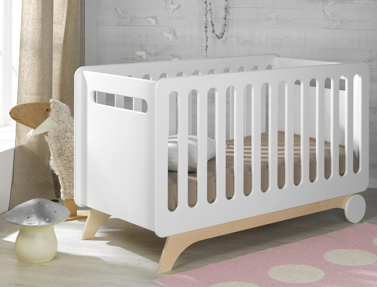 Cuna FELIZ, 70x140cm. Blanca/Abedul. Convertible en Sofá/cama