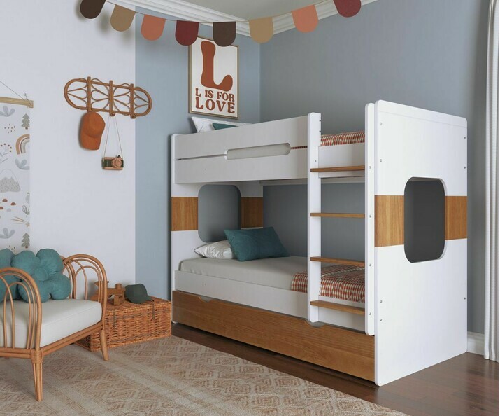Litera Juvenil 90x200 cm. Color Blanco y Haya, con Cama nido supletoria haya, Modelo Spark