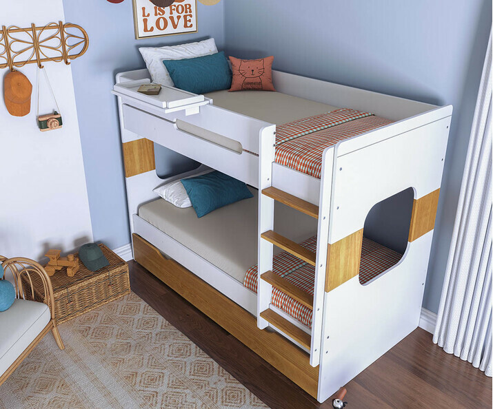 Litera Juvenil 90x200 cm. Color Blanco y Haya, con Cama nido supletoria abierta, Modelo Spark