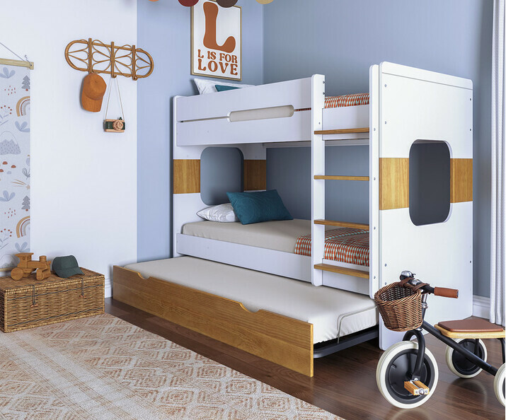 Cama media alta, 90x200, color Blanco y Haya, Modelo SPARK