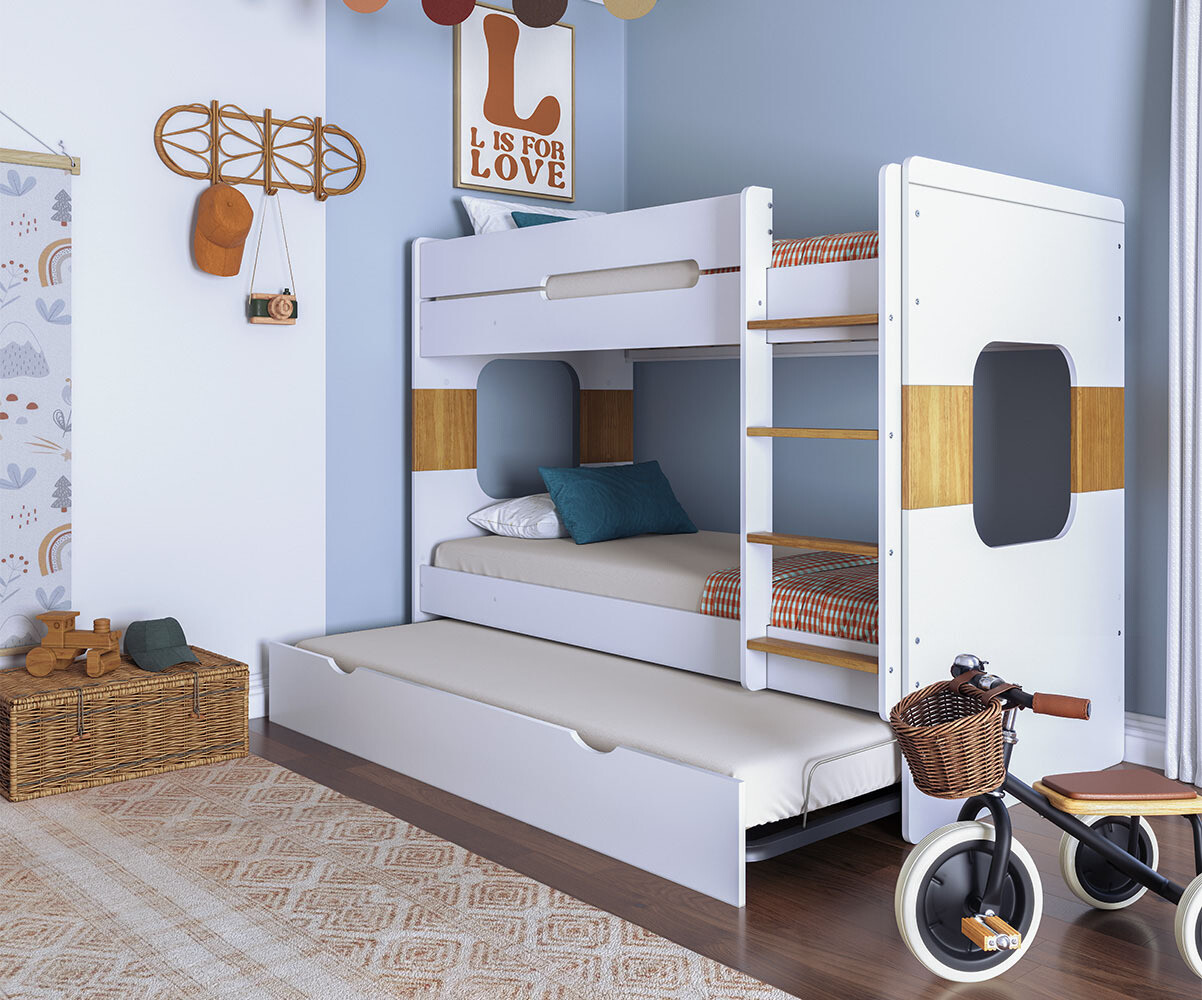 Litera de 90x200cm con dos colchones. Color blanco y haya