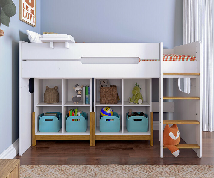 Cama media alta 90x190 cm, Spark, almacenamiento Kaeos en opcin