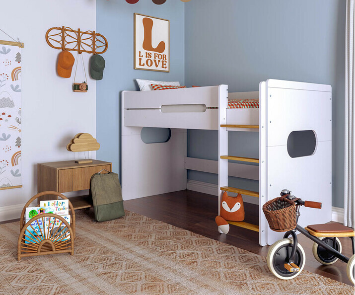 Cama media alta, 90x200, Blanca y Haya, Detalle escalera, Spark.