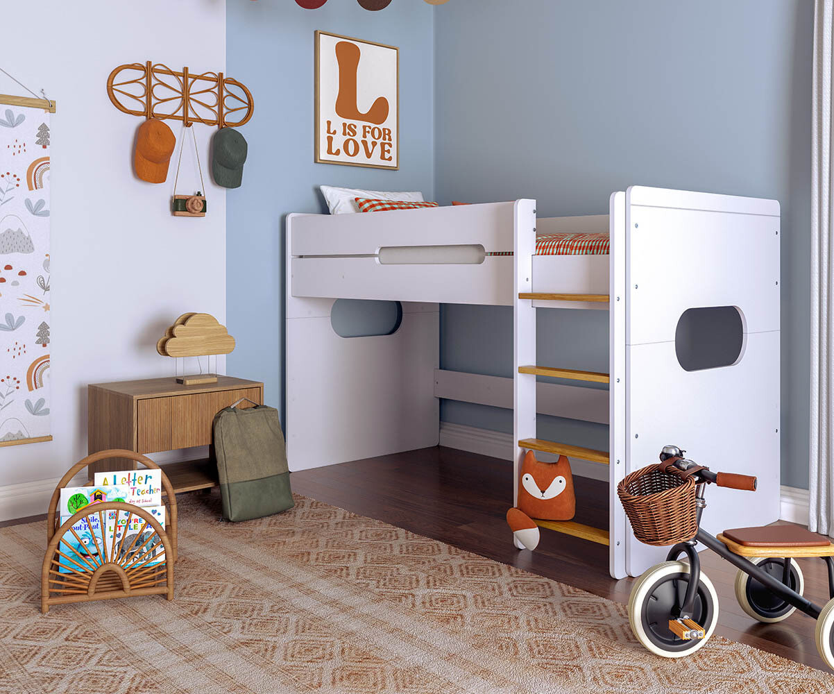 Cama juvenil media alta de 90x200cm con colchón. Blanco Haya