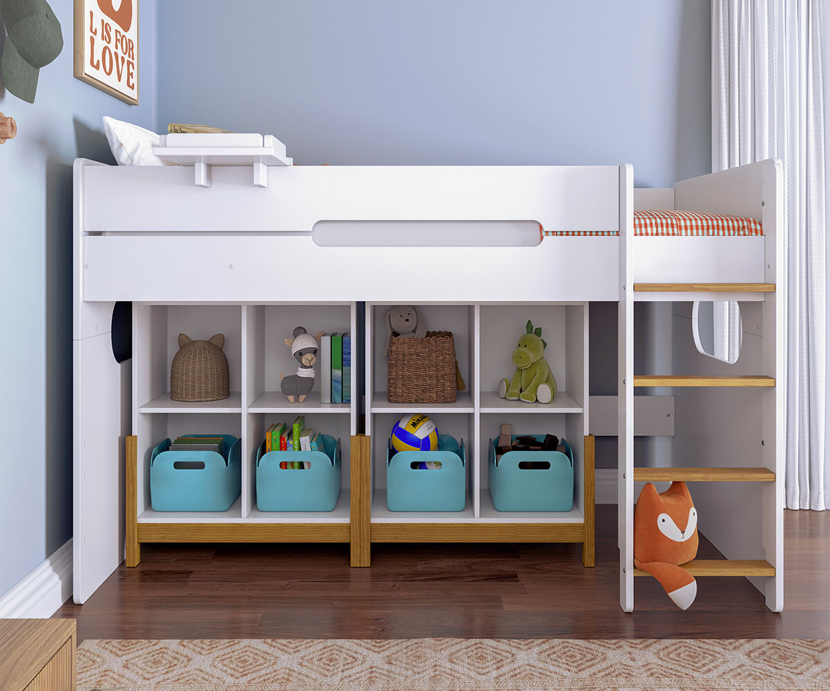 Cama juvenil media alta de 90x200cm con colchón. Blanco Haya