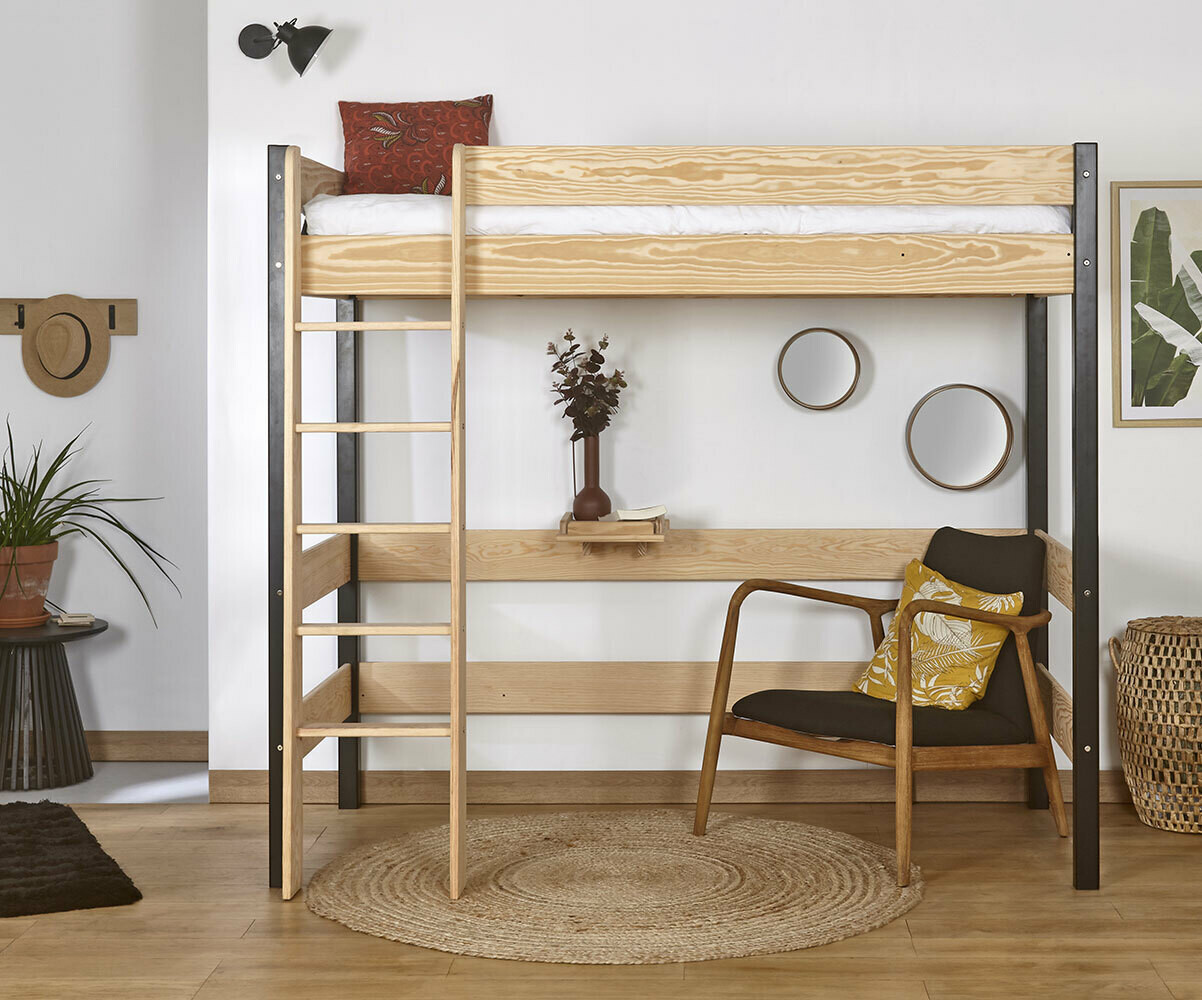 Cama alta con colchón, color blanco modelo CLAY