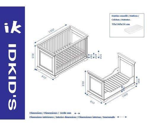 Cuna Convertible MEL 70x140 - dimensiones