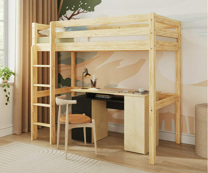 Cama Alta - Wood, Madera Maciza de Pino