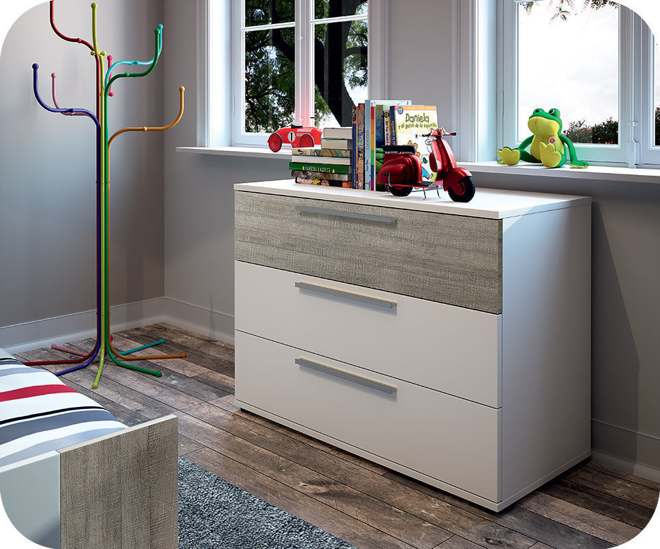 Cómoda juvenil en color blanco y y roble gris, JAZZ