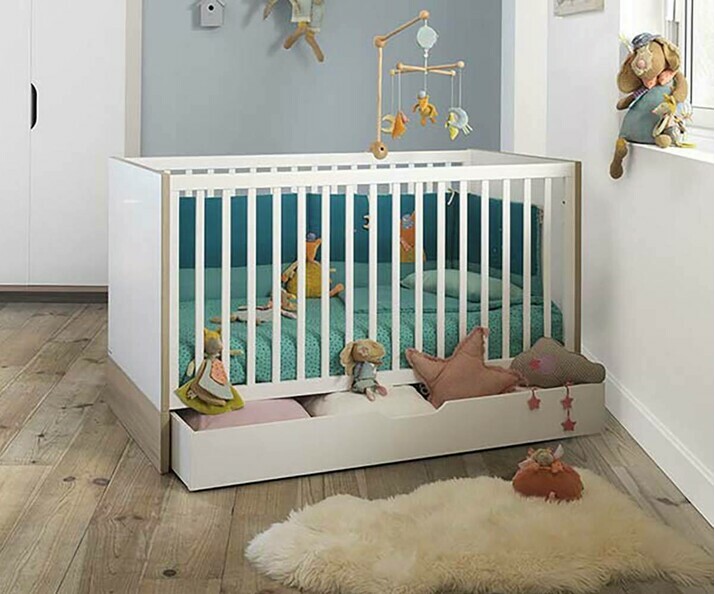Cuna evolutiva Pluma 70x140cm, con cajn (opcional) Blanco y Madera