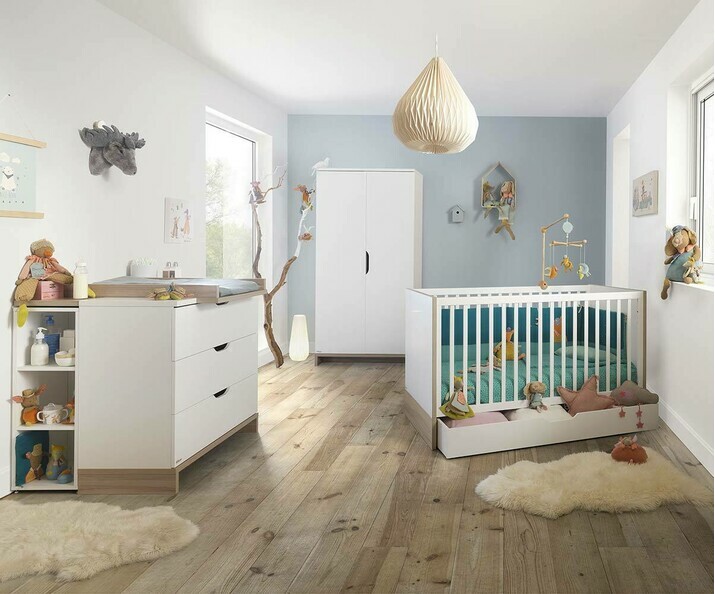 Habitacin beb completa con cuna evolutiva Pluma, Blanca y Madera