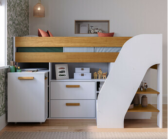 Cama media alta con colchn - Auckland, blanca y avellana