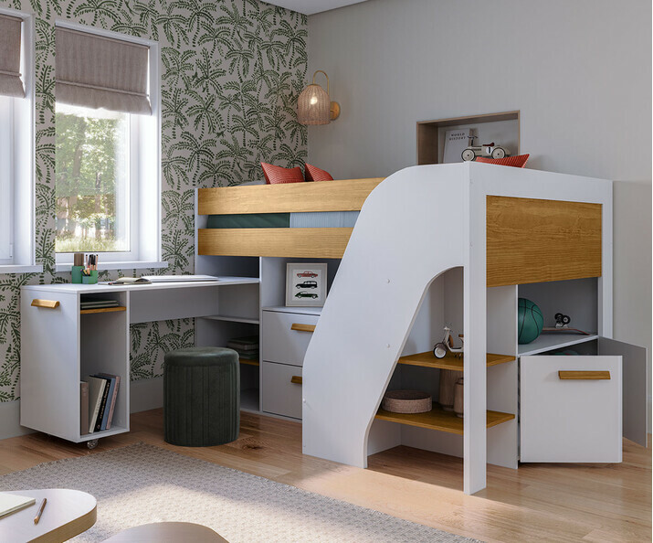 Cama media alta - Auckland, detalle del escritorio dezplegado