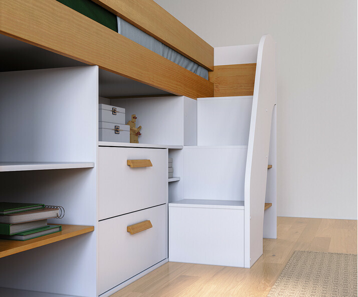 Detalle almacenamientos y escalera, cama Auckland