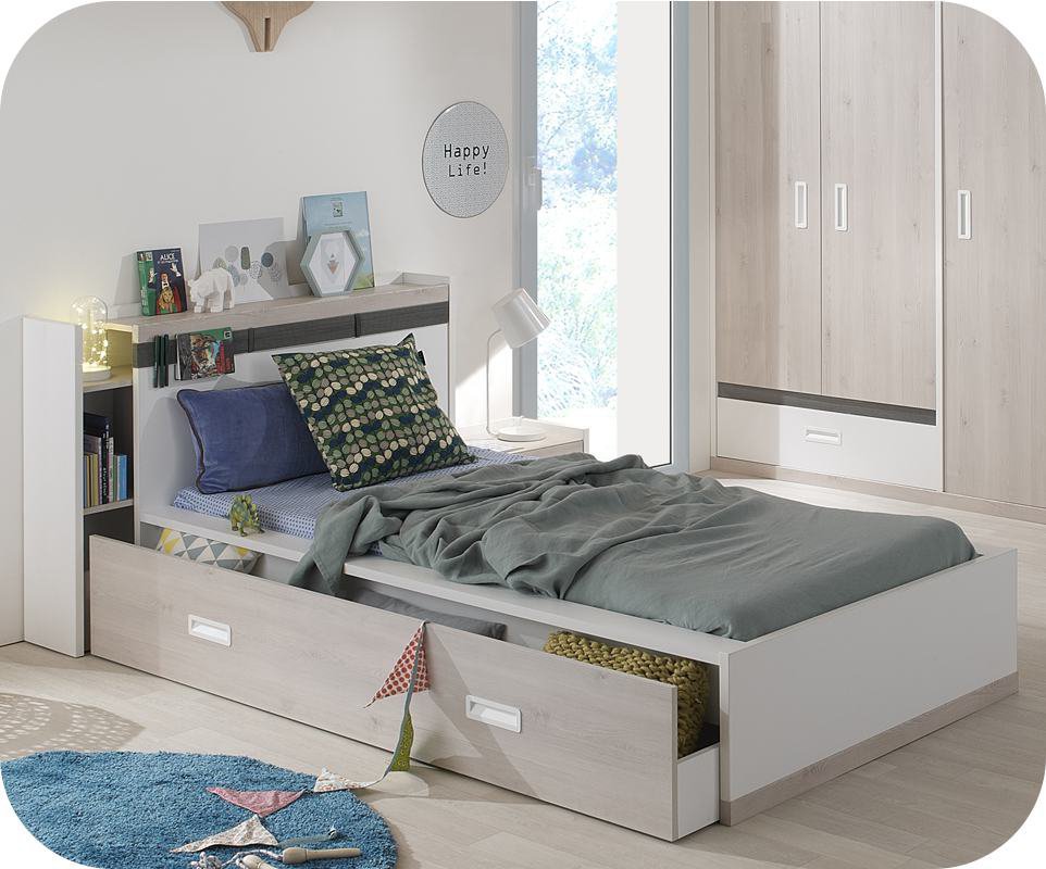 Cama Juvenil Leo, Blanca y Madera 90x200cm