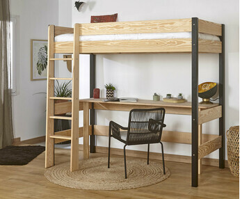 Cama alta infantil con escritorio Clay, 100% madera maciza