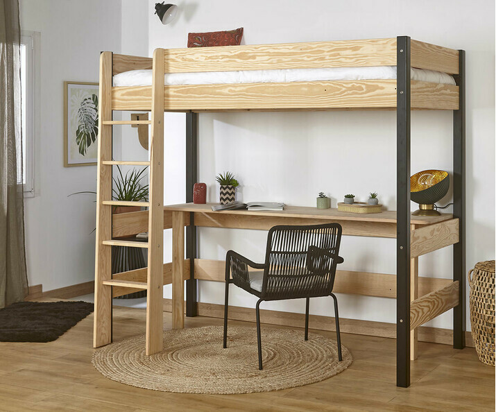 Cama alta infantil con escritorio Clay, 100% madera maciza