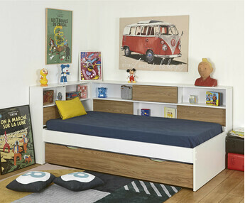 Cama con compartimentos Parchis, blanco y madera, 90x190