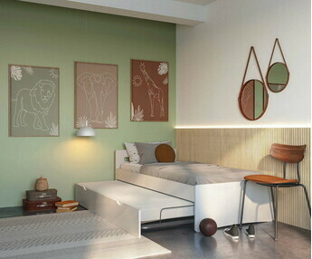 Detalle de la cama supletoria baja, acabado blanco incluida