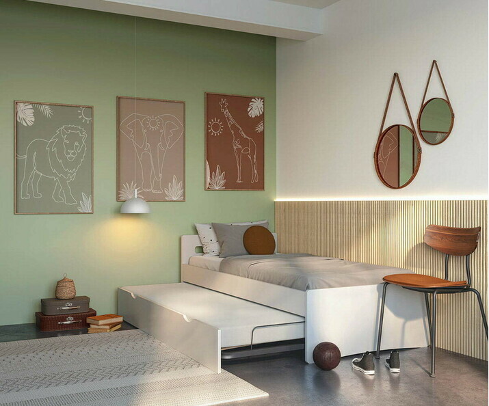 Detalle de la cama supletoria baja, acabado blanco incluida