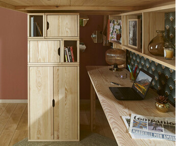 Armario de almacenamiento con perchero incluido, madera maciza, color madera natural