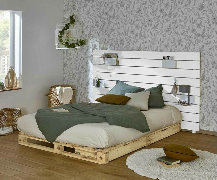 Cama palette con cabecero - Aro, Madera Natural y Blanco