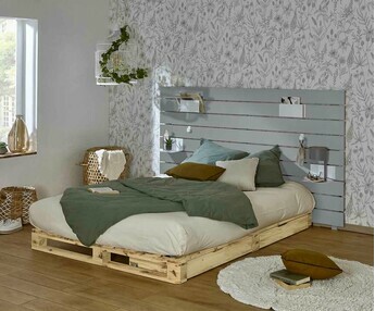 Cama palette con cabecero - Aro, Madera Natural y Gris