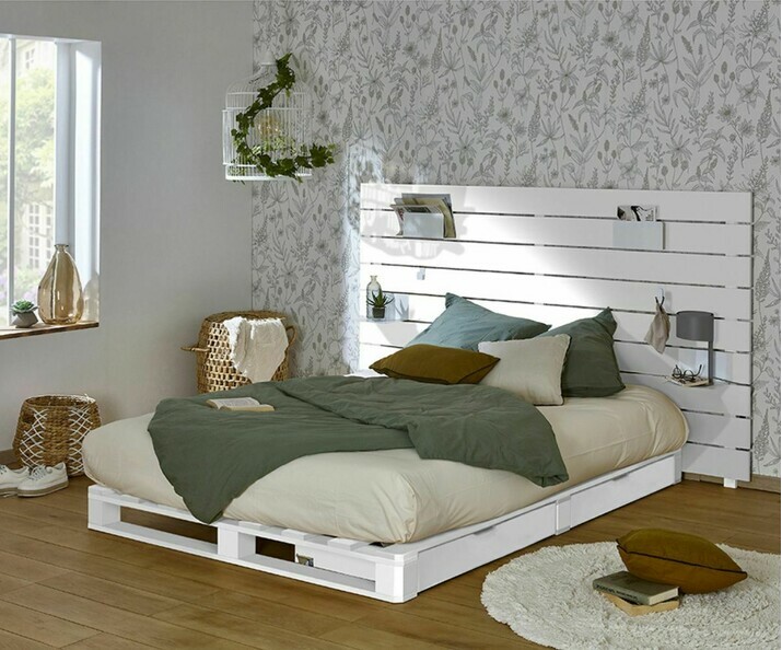 Cama palette con cabecero - Aro, madera maciza, acabado Blanco