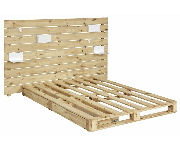 Cama palette con cabecero - Aro, madera maciza, acabado Madera Natural