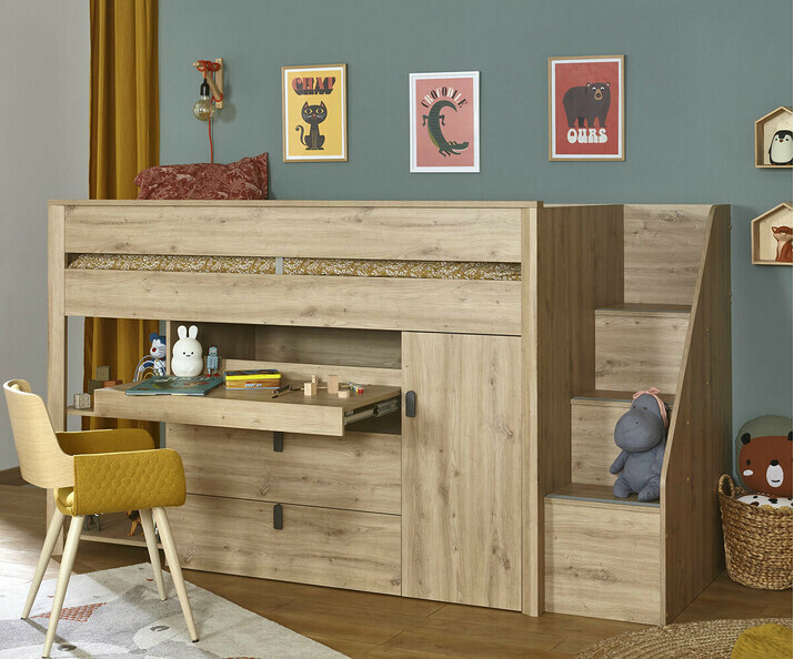 Detalle escritorio abierto, cama media alta - Arlo
