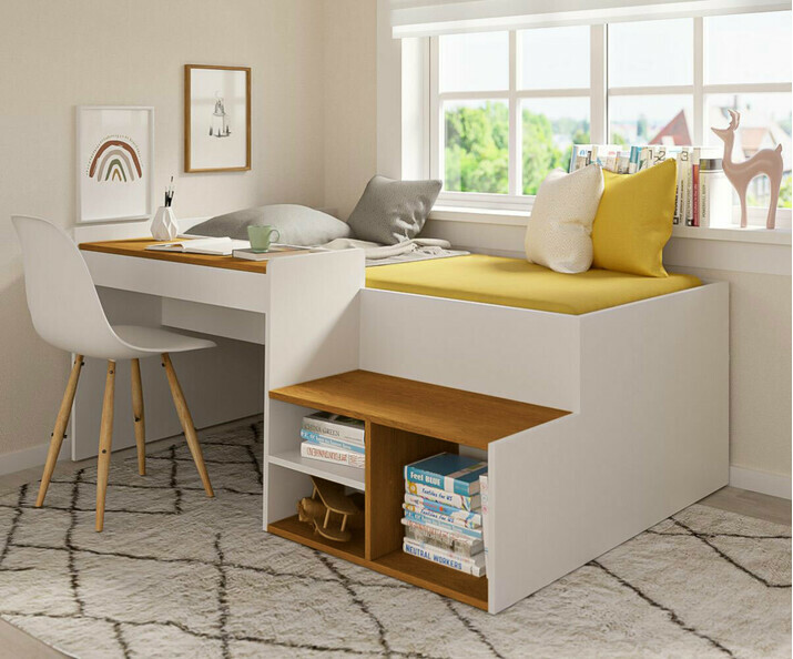 Cama infantil combinada - Bonnie, acabado blanco y avellana