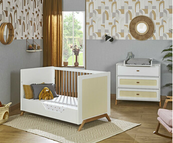 Mini dormitorio para beb - Caramelo, cuna evolutiva en camita banqueta