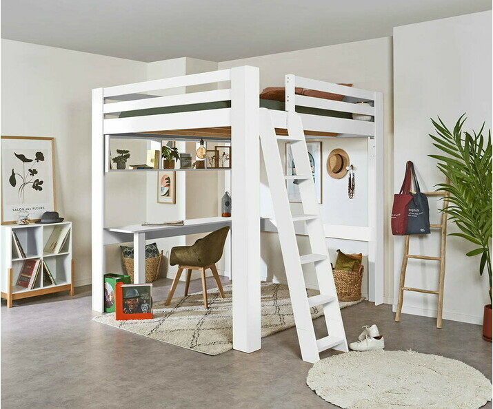 Cama alta con escritorio - Maverick, acabado blanco