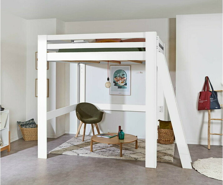 Cama alta con colchn - Maverick, acabado blanco