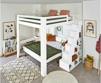 Cama alta con escalera de almacenaje - Maverick, espacio bajo el somier personalizable