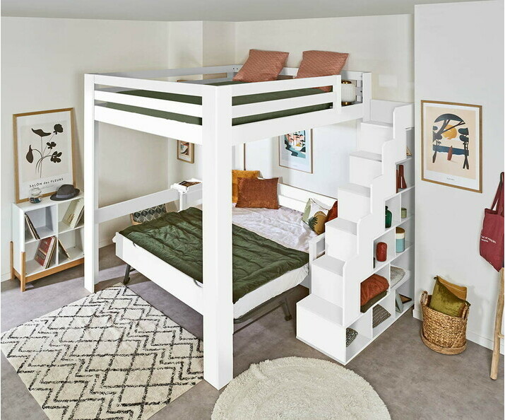 Cama alta con escalera de almacenaje - Maverick, espacio bajo el somier personalizable