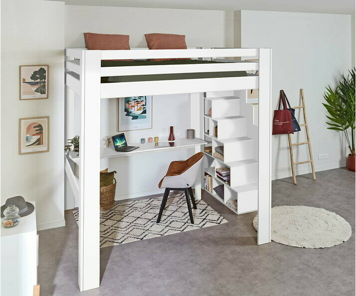 Cama alta con escalera de almacenaje y escritorio - Maverick, 